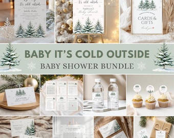 Puede incluir: Un conjunto de papelería para baby shower con temática invernal. Incluye invitaciones, carteles, tarjetas y adornos para cupcakes. Los diseños presentan árboles de hoja perenne y el texto "Baby it's cold outside."