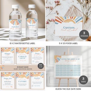 Pode incluir: Um conjunto de decora&ccedil;&otilde;es para ch&aacute; de beb&eacute; com um design de sol em aquarela. Inclui r&oacute;tulos para garrafas de &aacute;gua, r&oacute;tulos de alimentos, v&aacute;rios sinais e um calend&aacute;rio para adivinhar a data de nascimento. Os sinais medem 20 x 25 cm.