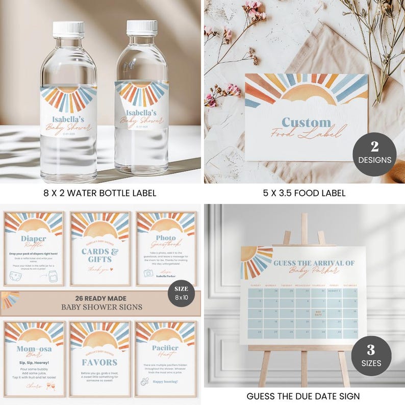 Pode incluir: Um conjunto de decora&ccedil;&otilde;es para ch&aacute; de beb&eacute; com um design de sol em aquarela. Inclui r&oacute;tulos para garrafas de &aacute;gua, r&oacute;tulos de alimentos, v&aacute;rios sinais e um calend&aacute;rio para adivinhar a data de nascimento. Os sinais medem 20 x 25 cm.