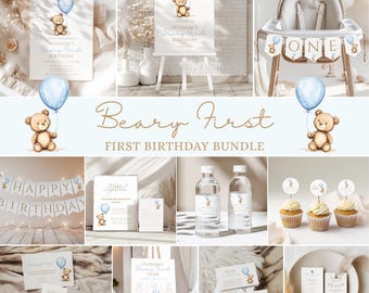 Editable Beary First Birthday Invitation Bundle, 1st Birthday Boy, Teddy Bear Party Decorations, Teddy Bear Birthday Invite