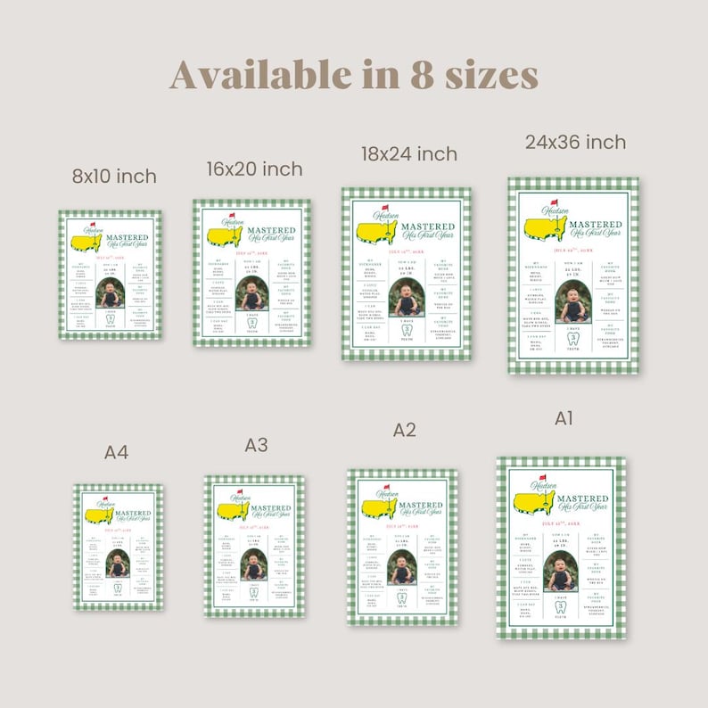 May include: A collection of eight framed prints, each with a green and white gingham border. The prints feature a photo, text, and a yellow and green graphic. Sizes range from 8x10 inches to 24x36 inches.