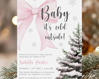 Puede incluir: Una invitación a un baby shower con un lazo rosa claro y el texto "Baby it's cold outside!". La invitación incluye detalles para el baby shower de Isabella Parker, con una ilustración de árbol nevado y acentos de copo de nieve.