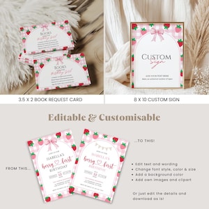 May include: A collection of printable party stationery featuring a pink and white gingham pattern with strawberry illustrations and pink bows. The set includes 3.5 x 2 inch book request cards, an 8 x 10 inch custom sign, and birthday invitations.