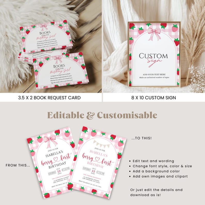 May include: A collection of printable party stationery featuring a pink and white gingham pattern with strawberry illustrations and pink bows. The set includes 3.5 x 2 inch book request cards, an 8 x 10 inch custom sign, and birthday invitations.