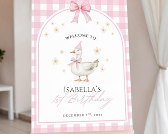 One Silly Goose Welcome Sign Template, Editable Girl Goose 1st Birthday Pink Printable Sign Decor, First Birthday Welcome Sign