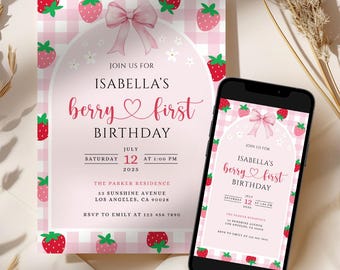 Berry First Birthday Invitation, Editable 1st Birthday Girl Invite, Printable Strawberry First Birthday Girl Invitation, Canva Template