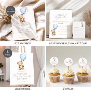 Pacchetto di inviti modificabili per il primo compleanno di un orsetto, 1° compleanno per bambino, decorazioni per feste a tema orsetto, invito per il compleanno di un orsetto immagine 2