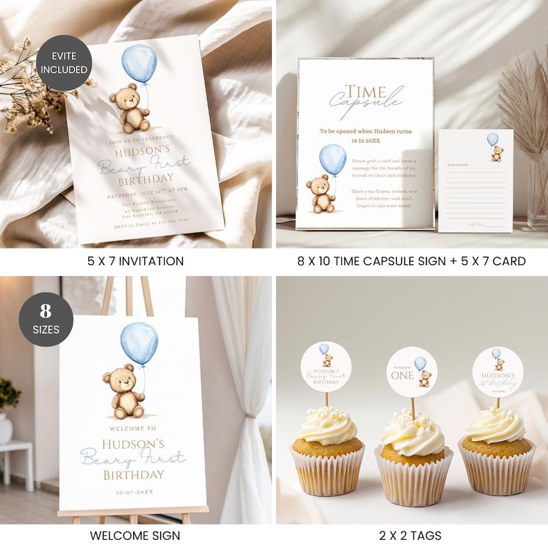 Pacchetto di inviti modificabili per il primo compleanno di un orsetto, 1° compleanno per bambino, decorazioni per feste a tema orsetto, invito per il compleanno di un orsetto immagine 2