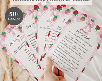 Strawberry Baby Shower Games Bundle, Editable Berry Sweet Baby Shower Games, Printable Baby Shower Games, Canva