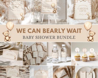 Paquete de baby shower "Podemos esperar", paquete de baby shower de osito de peluche de género neutro, conjunto de invitaciones para bebé con osito de peluche bohemio minimalista