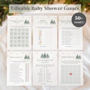 Op de afbeelding: Een verzameling van zes afdrukbare babyshower-spellen op wit papier. De spellen omvatten "Find the Guest Bingo", "Emoji Pictionary", "Who Knows Mommy Best?", "Who Said It?", "Would Mom-to-Be Rather?" en "Baby Bingo".