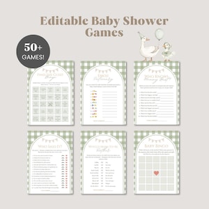 May include: A collection of printable baby shower games with a green gingham pattern. The games include "Find the Guest Bingo," "Emoji Pictionary," "Who Knows Mommy Best?," "Who Said It?," "Would Mom-to-Be Rather," and "Baby Bingo."