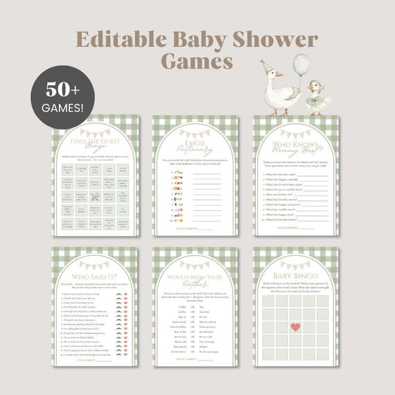 Silly Goose Baby Shower Games Bundle, Gender Neutral Gingham Mother Goose Bundle, Silly Goose Baby Shower Activities, Baby Party Games