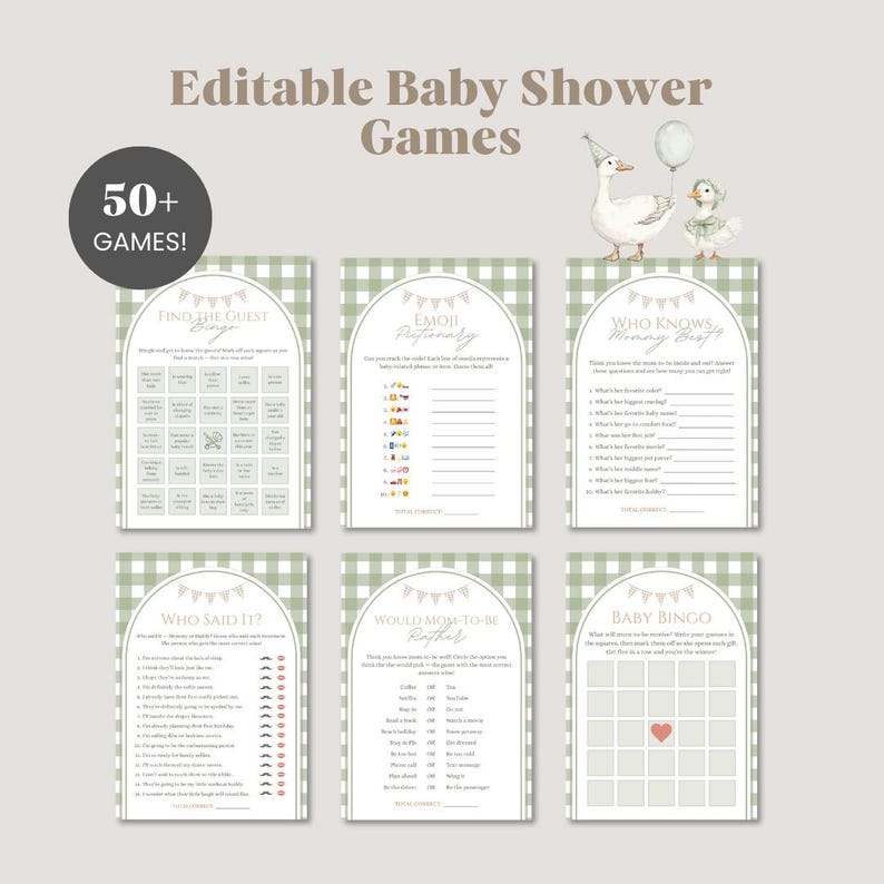 May include: A collection of printable baby shower games with a green gingham pattern. The games include "Find the Guest Bingo," "Emoji Pictionary," "Who Knows Mommy Best?," "Who Said It?," "Would Mom-to-Be Rather," and "Baby Bingo."
