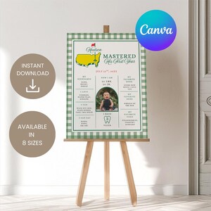 May include: A green and white gingham-patterned sign on a wooden easel. The sign features a baby's photo and text, including "MASTERED His First Year," weight in pounds, and height in inches. The sign also has the text "Instant Download" and "Available in 8 Sizes."