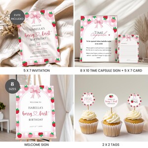 May include: A collection of birthday party stationery featuring a pink and white gingham pattern with red strawberries and light pink bows. The set includes an invitation, a time capsule sign with cards, a welcome sign, and cupcake toppers.