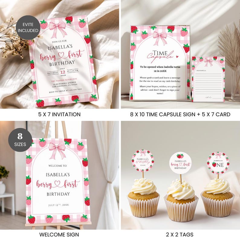 May include: A collection of birthday party stationery featuring a pink and white gingham pattern with red strawberries and light pink bows. The set includes an invitation, a time capsule sign with cards, a welcome sign, and cupcake toppers.