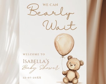 We Can Bearly Wait Baby Shower Welcome Sign, Gender Neutral Bear Baby Shower Welcome Sign, Boho Teddy Bear Baby Shower Editable Digital