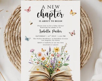 May include: Baby shower invitation with the text "A New Chapter" and floral illustrations. The invitation includes the name "Isabella Parker", date, time, and location details. Butterflies and a bee are scattered around the text.