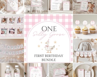 One Silly Goose First Birthday Bundle, Gingham Party Templates, Pink First Party Decoration, Custom Birthday Signs, Girl 1st Birthday