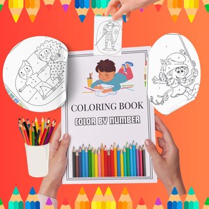 May include: A coloring book with the text "COLORING BOOK COLOR BY NUMBER" is held open, displaying a color-by-number illustration. The image includes a variety of colored pencils and several completed and in-progress coloring pages. The background is a gradient of orange and red.