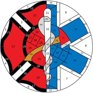 May include: A circular color chart with 72 numbered sections. The sections are arranged in a spiral pattern and are colored in red, blue, gold, and gray.