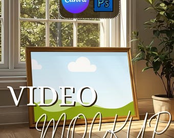 Maqueta de marco de video con sombras de ventana: acogedora escena de arte de pared horizontal 3:2, marco inteligente Canva + maqueta PSD para vendedores de impresiones