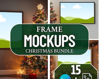 Christmas Frame Mockup Bundle – 15 Horizontal Frame Print Mockups JPEG + Canva Drag & Drop Frame, Holiday Wall Art Display