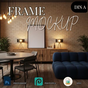 May include: Interior scene with a "FRAME MOCKUP" sign, a blank picture frame, and a blue sofa. The room has a brick wall, wooden furniture, and a round table with chairs. The image also includes icons for Photoshop, Photopea, and JPEG.
