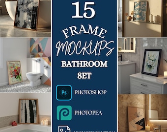 Bathroom Frame Mockup Bundle – 15 PSD Smart Objects + 15 JPEG, Toilet Wall Art Mockups, A Format Poster Scene Set for Arts Sellers