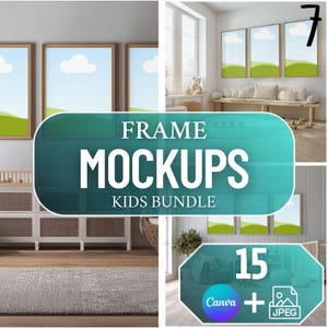 Op de afbeelding: Een samengestelde afbeelding met frame-mockups voor kinderen. De afbeelding bevat ingelijste kunst met blauwe luchten en groene heuvels, en interieurscènes. Tekst op de afbeelding luidt "FRAME MOCKUPS KIDS BUNDLE" en "15 Canva + JPEG".