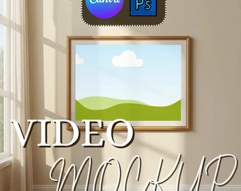 Video Frame Mockup Curtain Scene – Elegant 3:2 Horizontal Wall Art with Moving Drapes, Canva + PSD Smart Frame for Etsy Creators