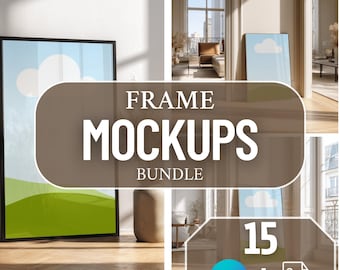 May include: A collection of framed art mockups, featuring a variety of scenes. The image includes the text "FRAME MOCKUPS BUNDLE" and "15" with Canva and JPEG logos. The frames are displayed in different settings, showcasing the versatility of the mockup bundle.
