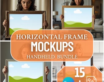 Handheld Horizontal Frame Mockup Bundle – 15 Elegant Women Smart Frames, Horizontal Poster and Print Mockups, Drag & Drop Canva Templates