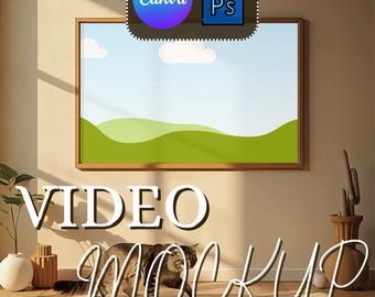 Video Frame Mockup Cat Scene – Cozy 3:2 Horizontal Wall Art with Animated Pet, Canva Smart Frame + PSD Mockup for Digital Artists