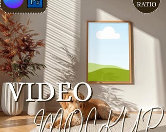 Dog Art Video Frame Mockup: Vertical Gold Frame, Canva & PSD