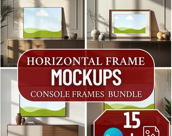 Horizontal Frame Mockup Bundle – Console & Sideboard Frames, 15 JPEG + Canva Smart Frames for Wall Art Shops