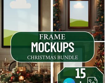 Christmas Mockup Bundle – 15 Vertical Frame Mockups JPEG + Canva Smart Frames | Holiday Wall Art Scene Creator with Video Tutorial