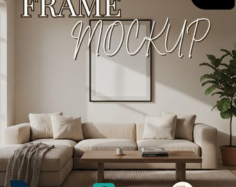 Modern Frame Mockup PSD – Vertical Wall Poster Mockup Above Sofa | Minimal Living Room Scene, Smart Object + JPEG