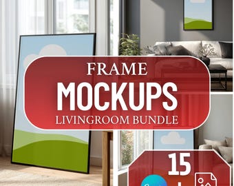 Living Room Frame Mockup Bundle | 15 Vertical Floor-Leaning Mockups for Wall Art | Canva Smart Frames + JPEG Files