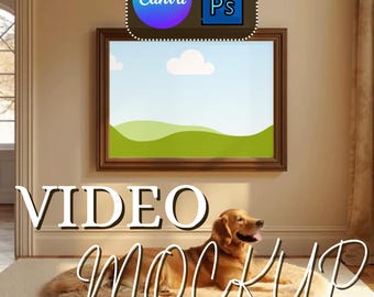 Video Frame Mockup Dog Scene – Cozy 3:2 Horizontal Wall Art with Animated Pet, Canva + PSD Smart Frame for Wall Art Shops