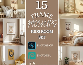 Nursery Frame Mockup Bundle – 15 PSD Smart Objects + 15 JPEG, Kids Room Wall Art Mockups, Baby Poster A Format Set for Arts Sellers