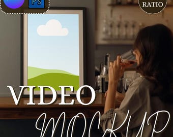 Maqueta de video de escena de bar: Mujer elegante bebiendo y mirando arte. Arte mural animado Canva + Marco inteligente PSD para vendedores de impresiones.
