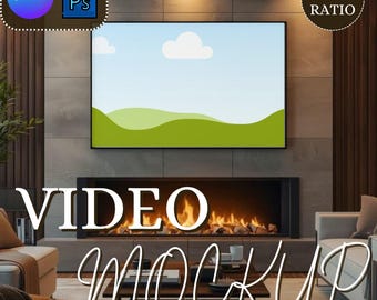 Video Frame Mockup Fireplace Scene – Warm 3:2 Horizontal Wall Art Video, Cozy Living Room Canva + PSD Smart Frame for Poster Sellers