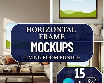 Horizontal Frame Mockups for Wall Art Sellers – 15 Canva Smart Frames + 15 JPEG, Living Room Poster Display Pack