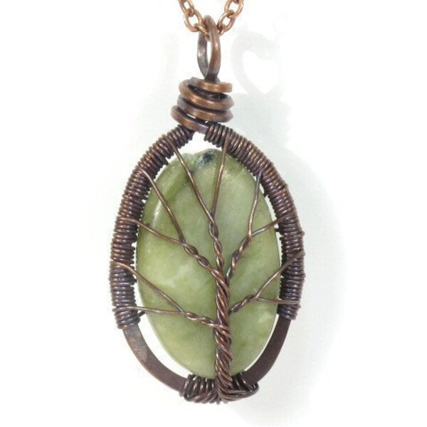 RESERVED for Pam. The Jade Stone Tree of Life Necklace in Antique Copper. Medium Size.