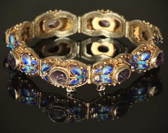 Vintage Chinese Gold Vermeil Sterling Silver Filigree Enamel Butterfly Link Bracelet