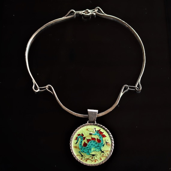 MId Century Modern Pfeiffer Hammered Sterling Silver Enamel Dragon Necklace