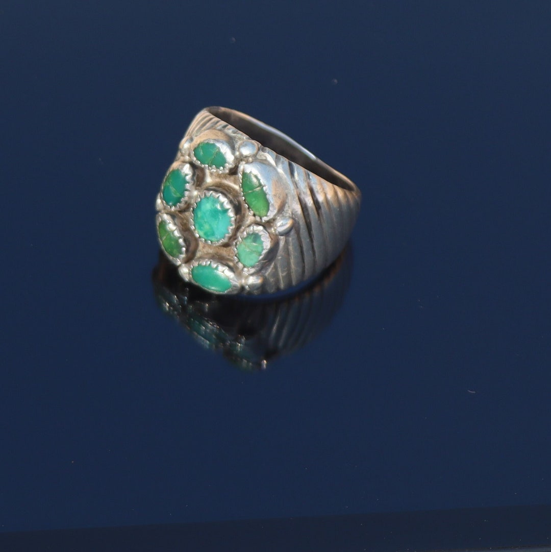 Stone Inlay Coin Large C1940 Old Coin Silver Navajo Cobblestone Inlay Turquoise Signet ...