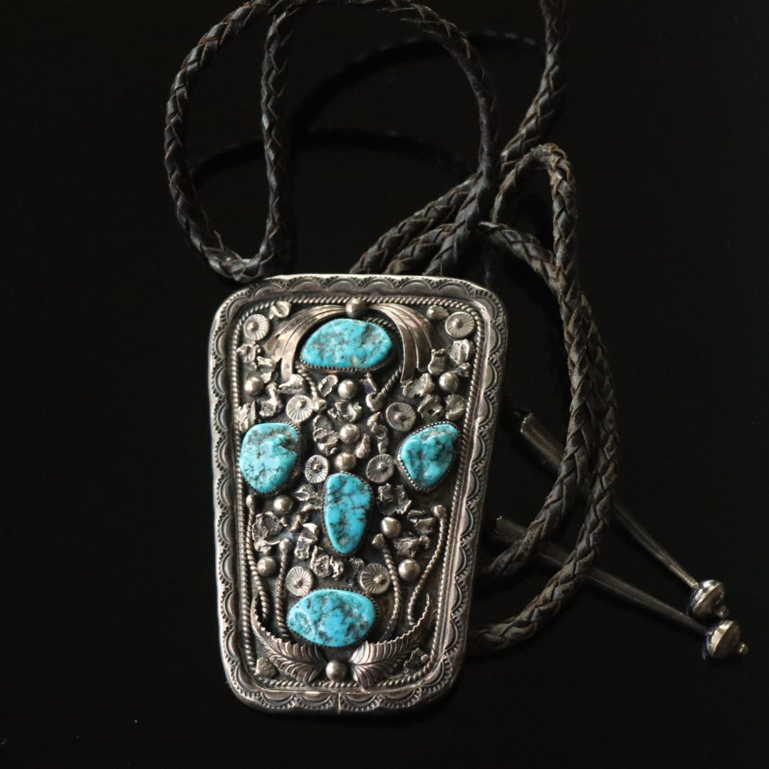 Vintage Navajo Signed Sterling Silver Bolo Tie Polished Blue Turquoise ...